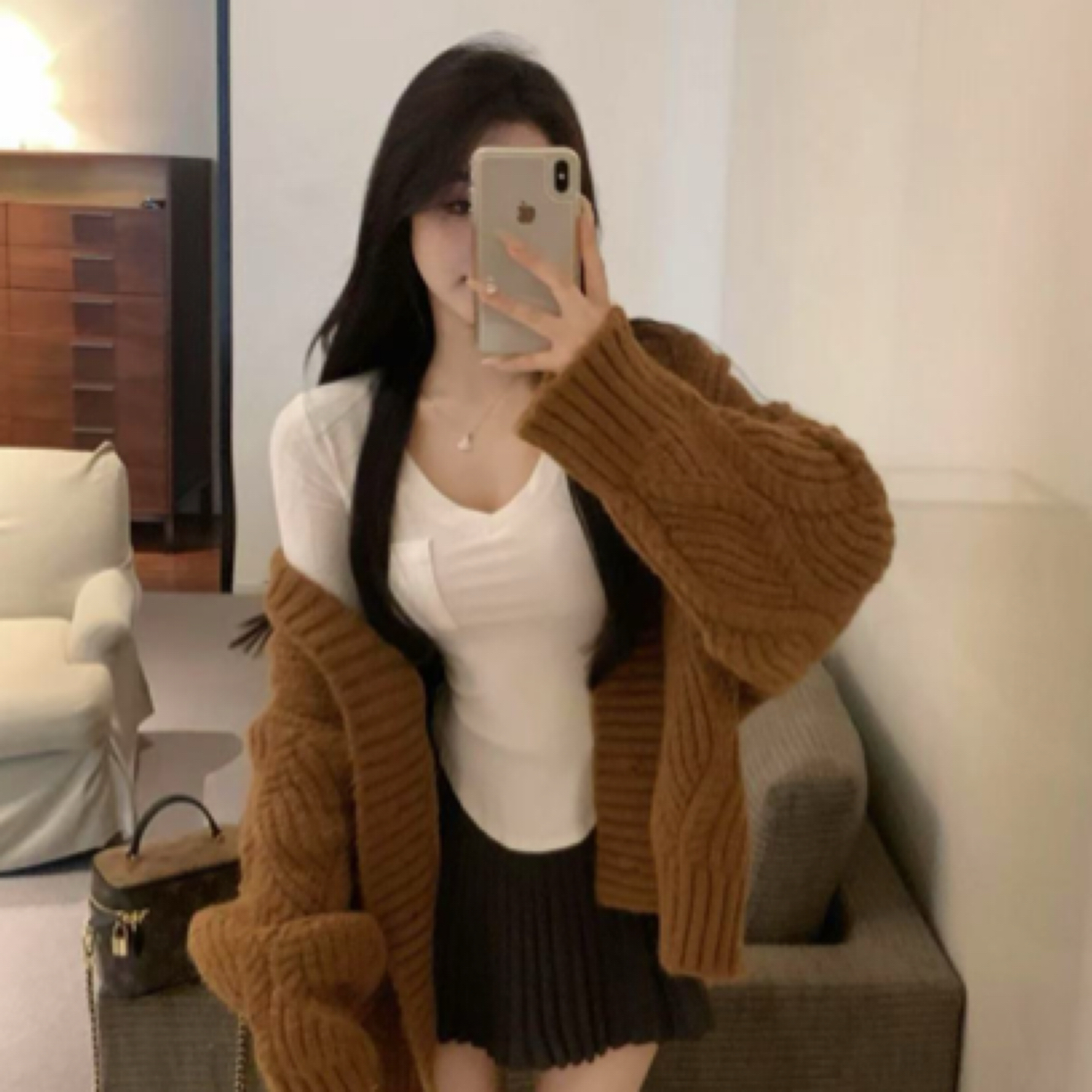 外搭秋冬慵懒风毛针织衫T恤百褶裙