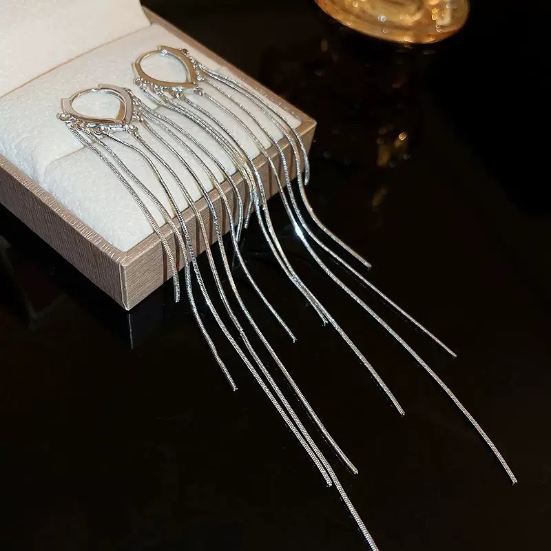 925银耳饰 蛇骨链长流苏耳扣耳环时尚百搭洋气潮流穿搭银电白金