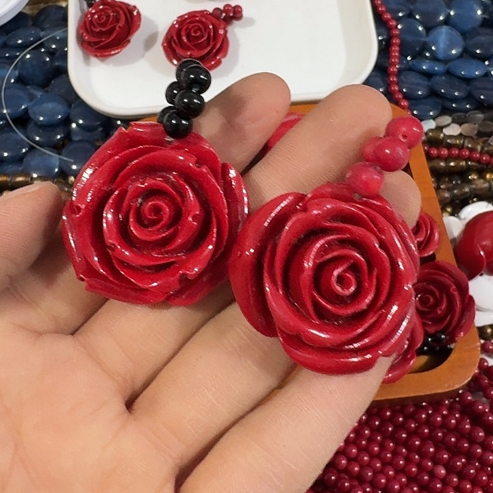 玛瑙/玉髓合金珠宝半成品2个大花吊坠黑红随机