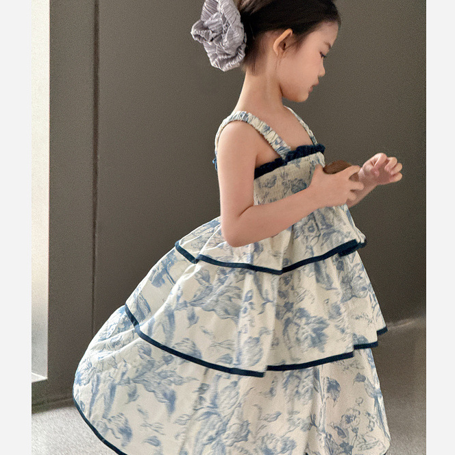 【100%棉•青花瓷层叠国风连衣裙】女童夏季新款碎花吊带裙文艺裙子