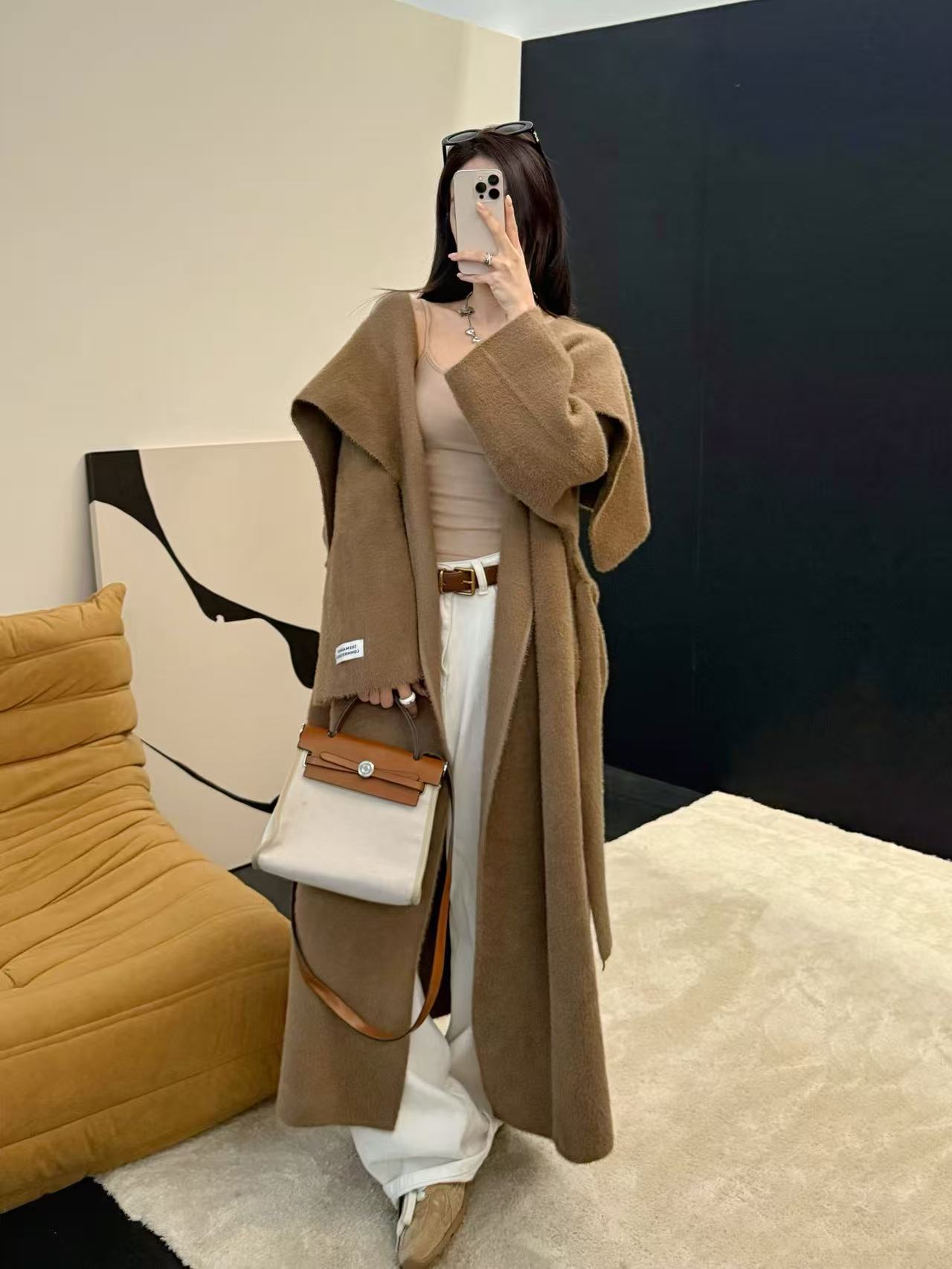 美拉德大翻领毛衣外套女长款宽松慵懒水貂绒针织开衫秋冬大衣厚