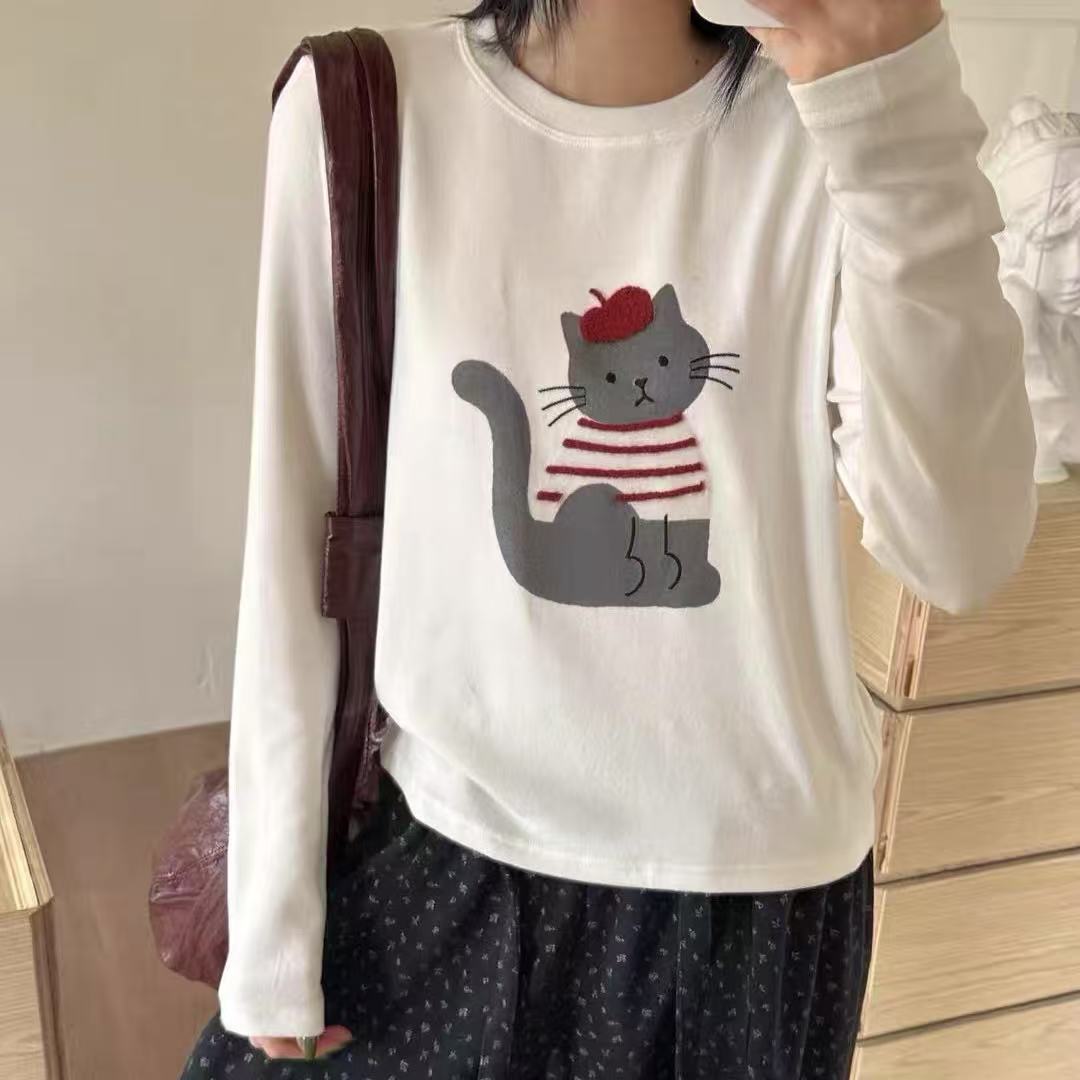1216/25117-1  磨毛猫咪印花女圆领长袖T恤