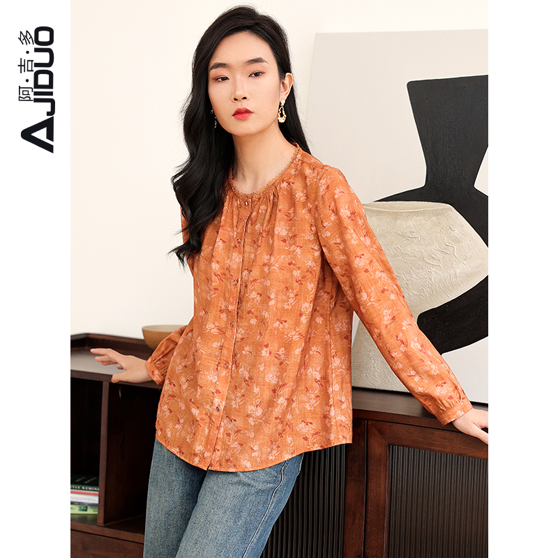 阿吉多A31088长袖T恤女春秋新款复古文艺遮肚显瘦减龄小衫高级妈