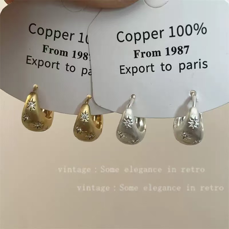 铜合金锆石耳饰 法式复古八芒星锆石耳环小众设计感时尚耳扣饰品