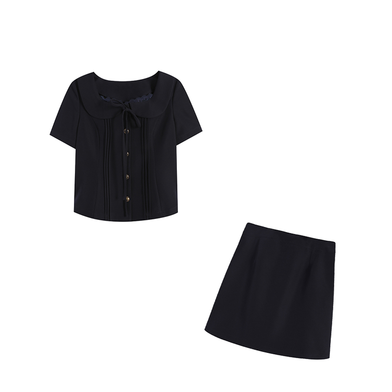 周周-藏青色套装ZL107779上衣黑色短裙显瘦气质衬衫夏季百搭
