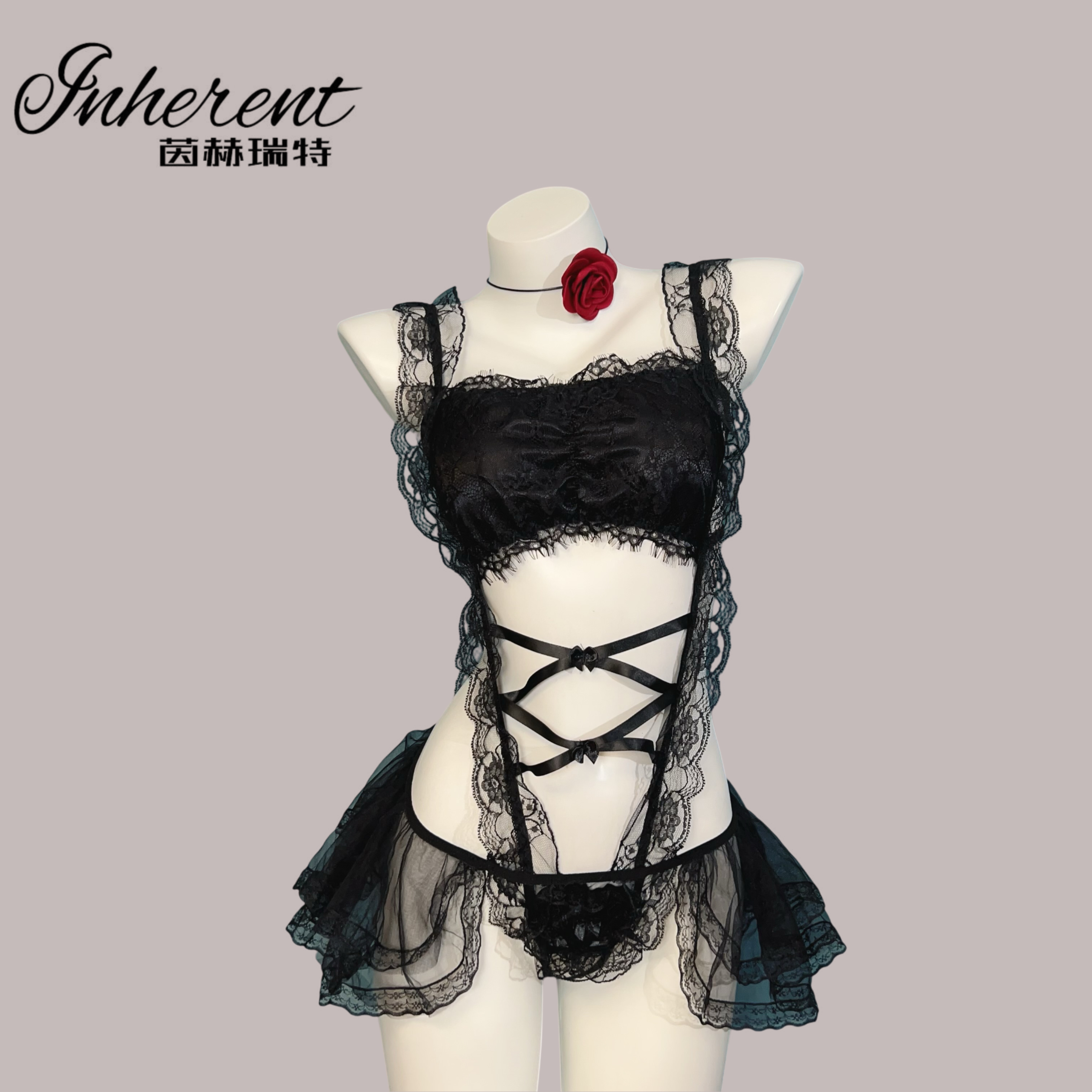 【黑天鹅】可爱女厨性感蕾丝制服网纱套装蕾丝睡衣吊带