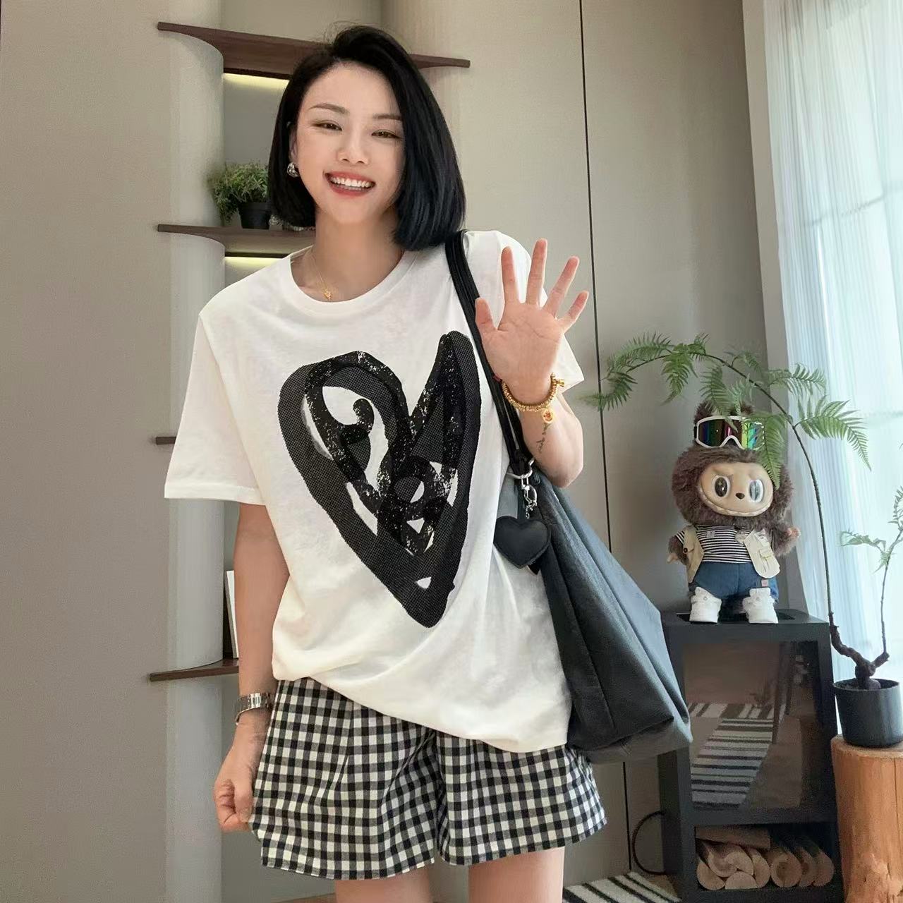 夏季双叠爱心涂鸦高级感雪花棉短袖T恤5-6-5