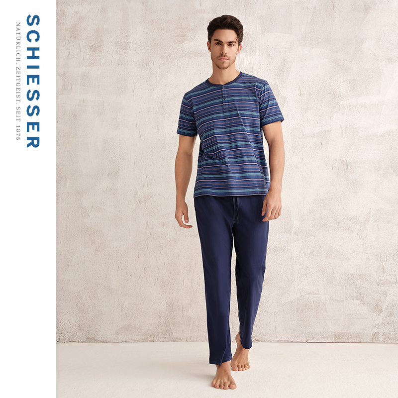 SCHIESSER舒雅25年春夏新品男士纯棉条纹圆领宽松睡衣家居服套装