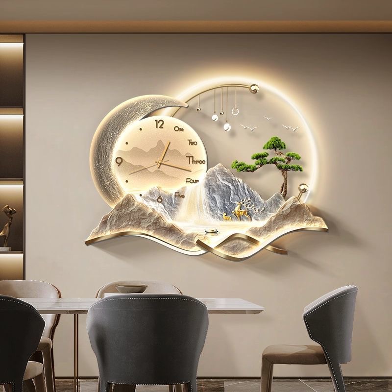 现代轻奢餐厅装饰画高级感山水画饭厅餐桌背景墙钟表挂画客厅时钟