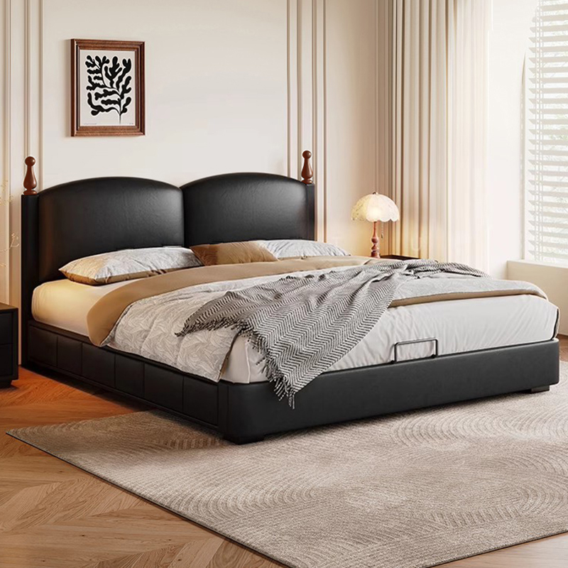 法式复古风皮艺床主卧室简约大靠背双人床家用罗马柱大床皮床