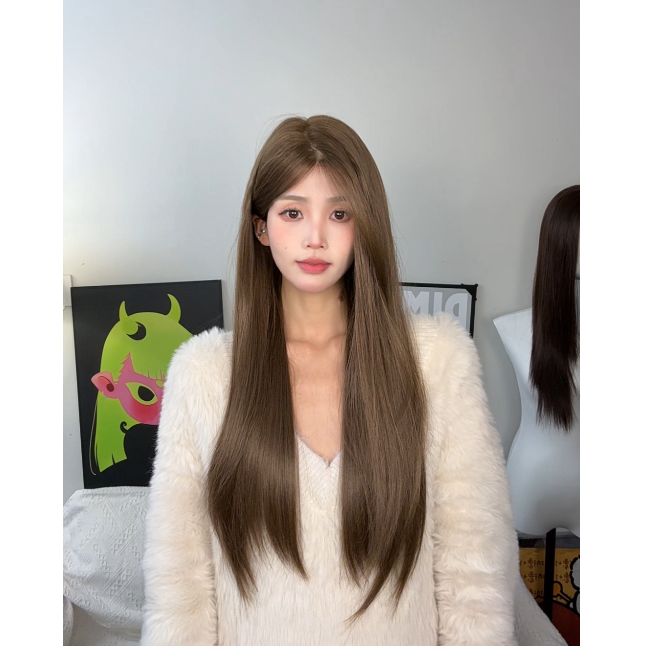 亚麻棕高层次长直发女全头套假发