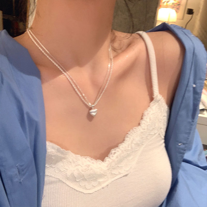 铜吊坠 双层拉丝爱心吊坠项链女高级感轻奢小众颈链精致锁骨链