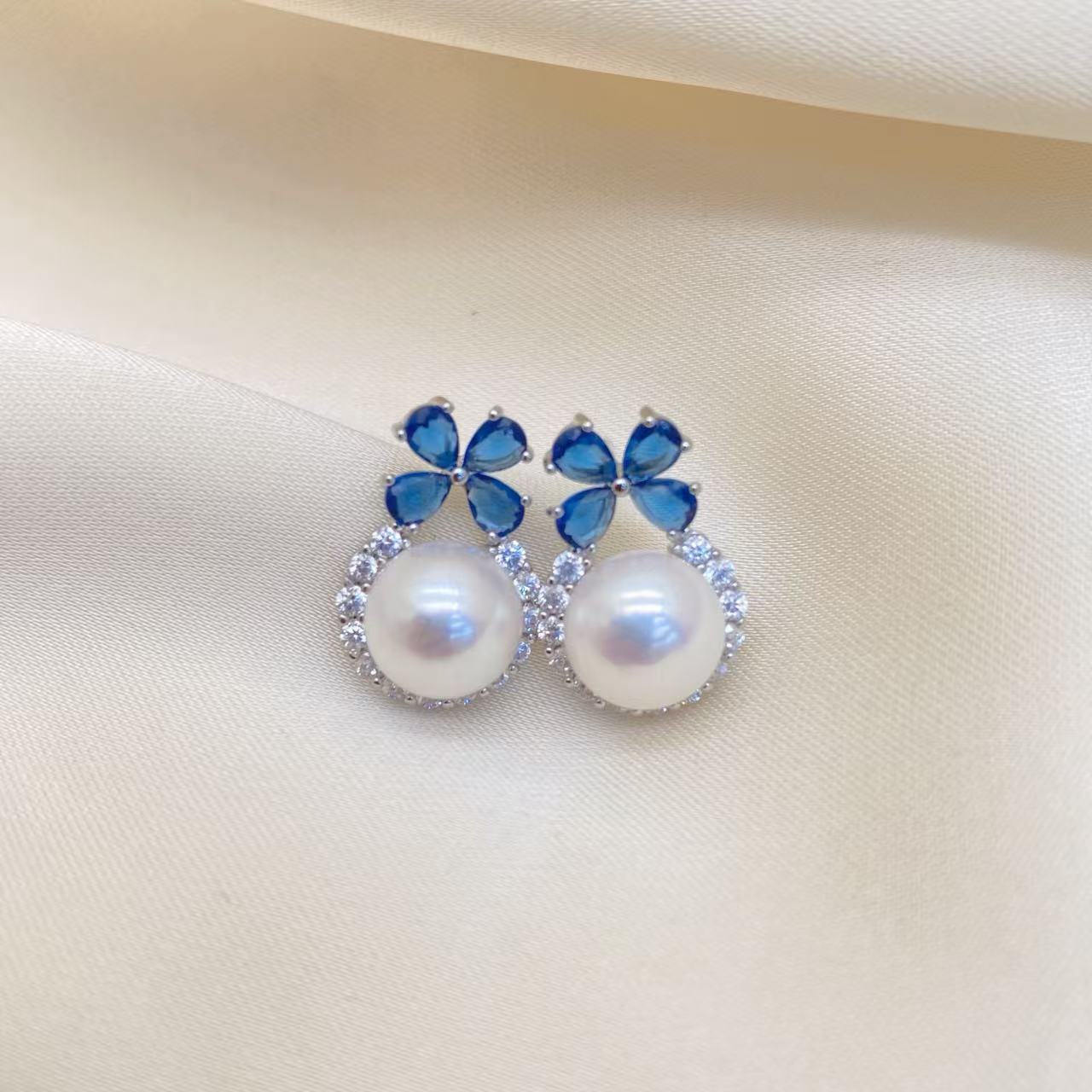 LH077【冰雪女王珍珠耳饰】气质蓝色轻奢时尚百搭简约经典镶嵌