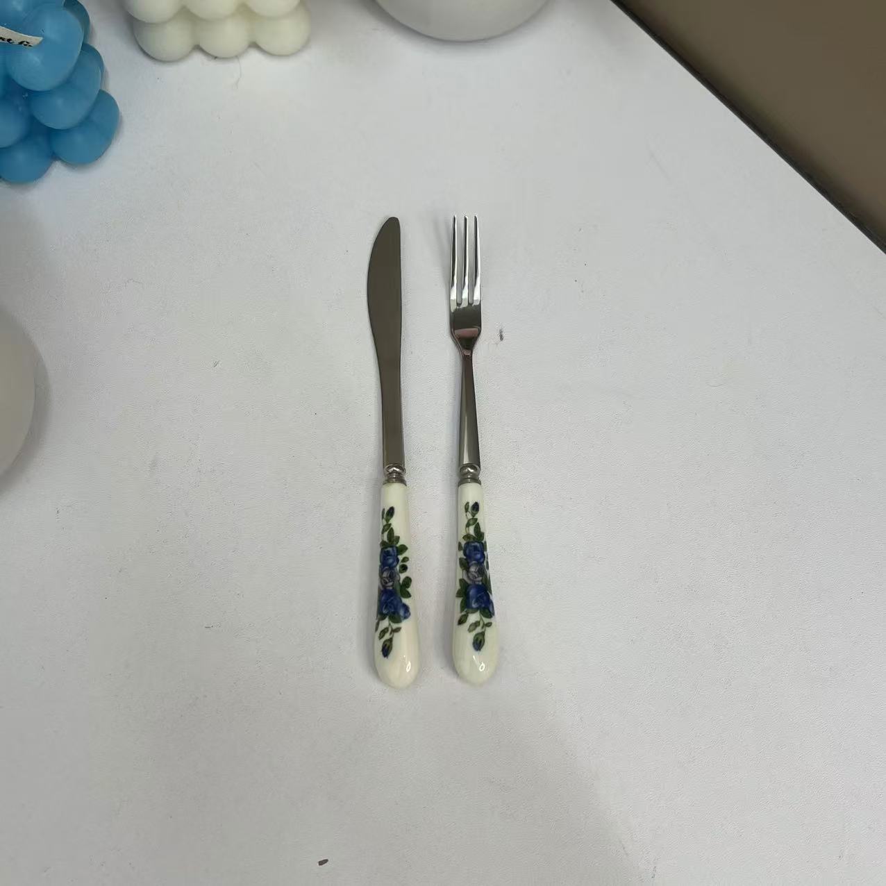蓝玫瑰陶瓷水果刀和水果叉家用厨房必备轻奢现代高级感【汤家限定】