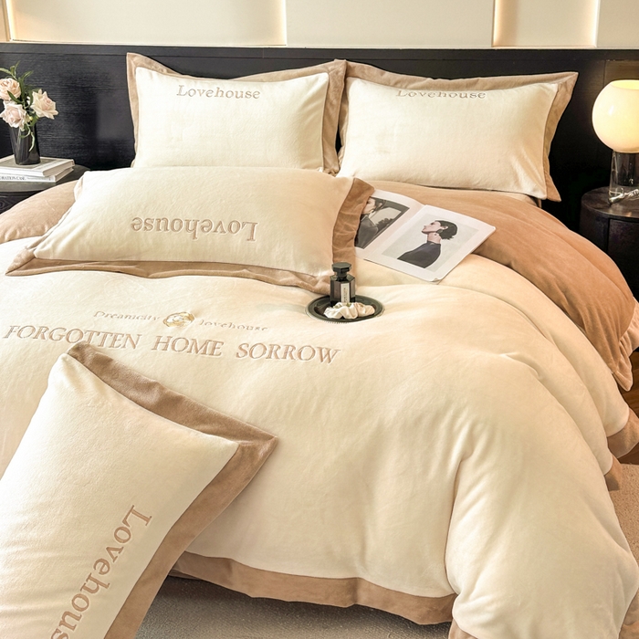 【床单款】速热保暖牛奶绒加厚四件套刺绣拼角被套双面绒简约冬季款