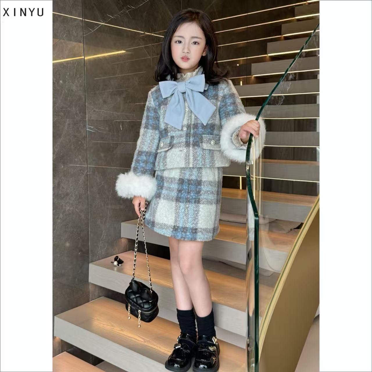 【XINYU馨语】千金风冬季厚款女公主风格子套装秋冬洋气女童小香风