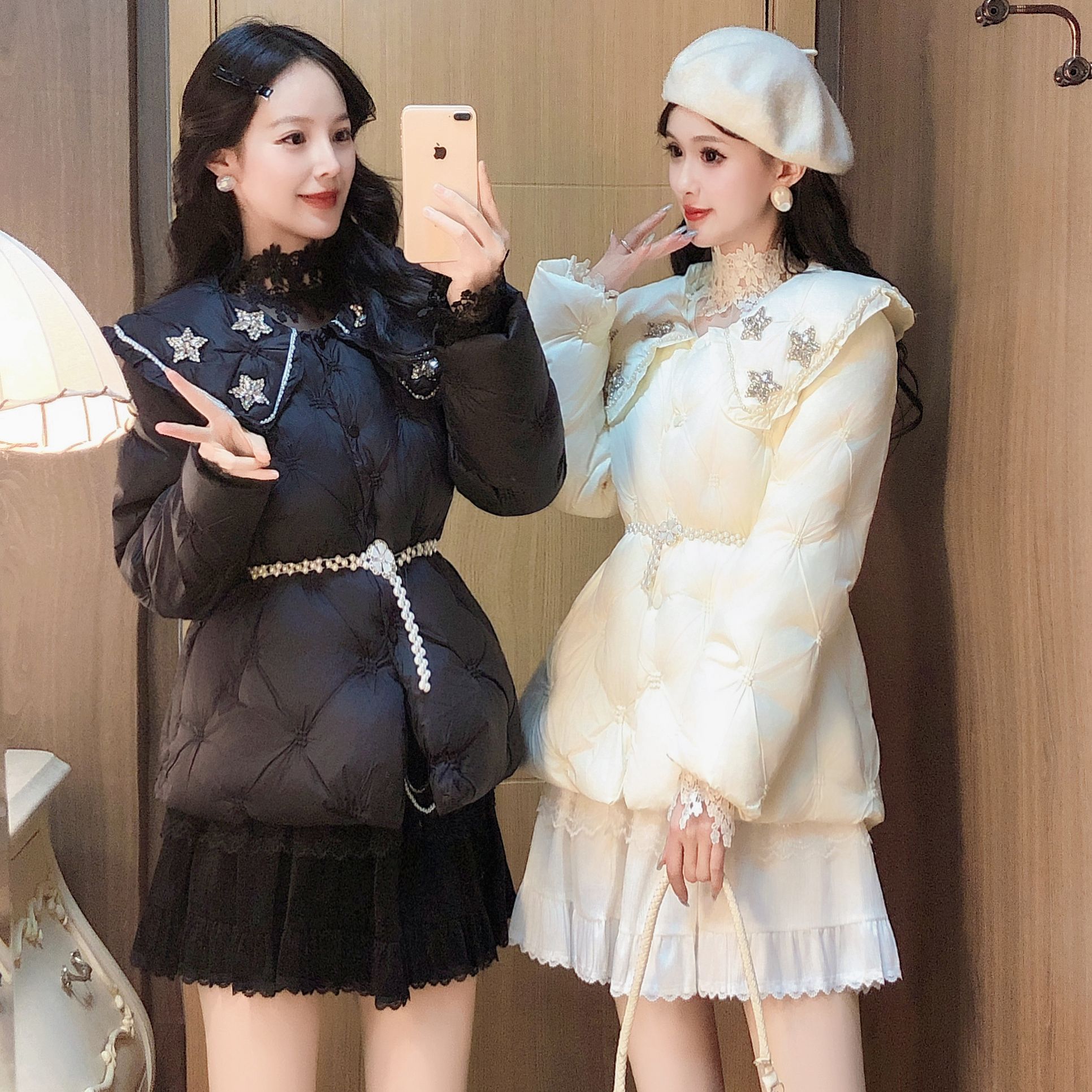 艾日秀2025新款冬季保暖加厚外套韩版星星款甜美风收腰连帽F1277