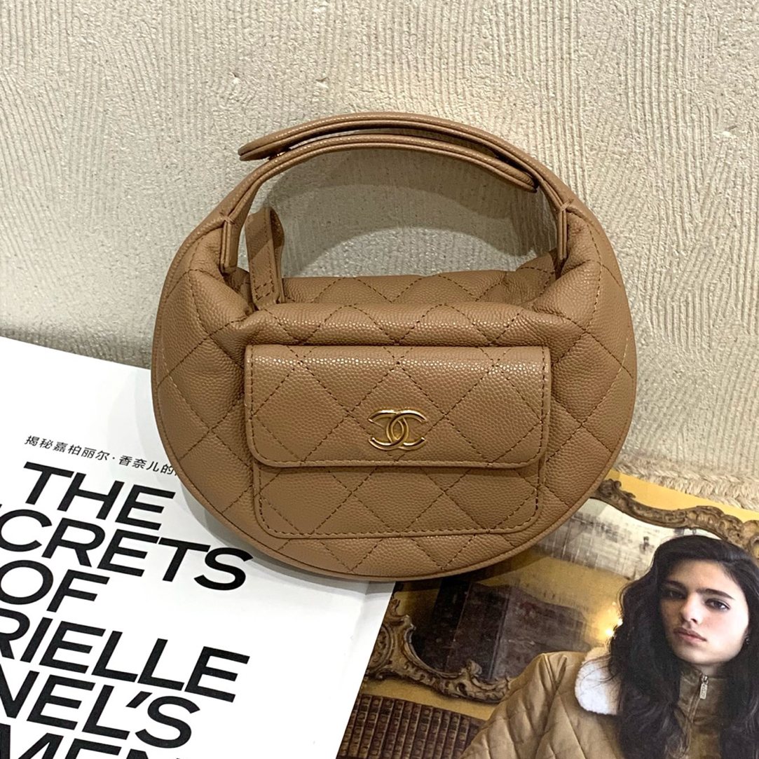 99新 Chanel/香奈儿 23B 深米色金扣荔枝牛呼啦圈包