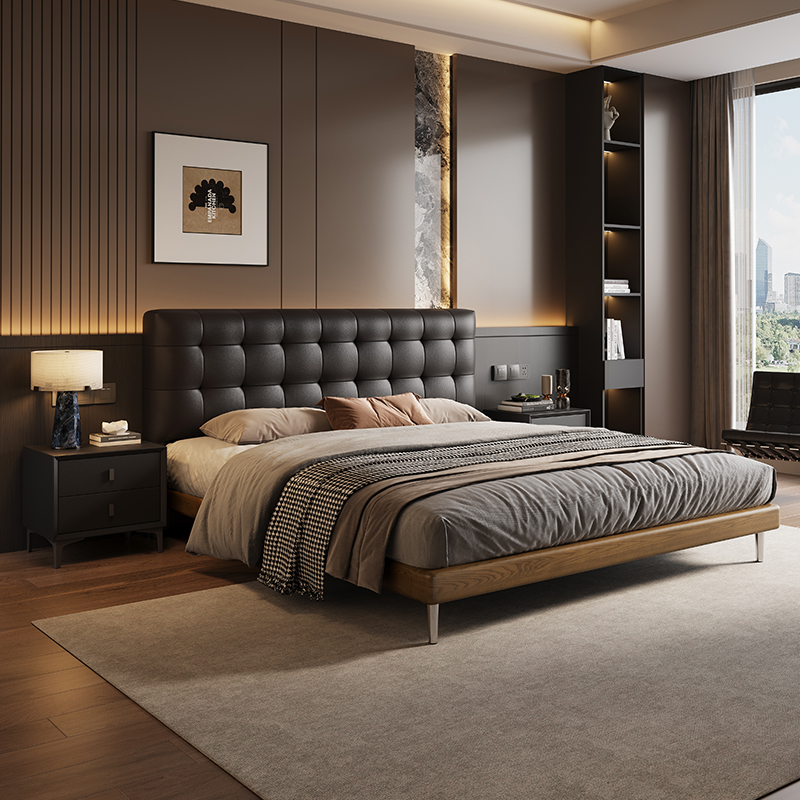 2025新款复古华夫格真皮床极简中古风意式实木床高端大气主卧婚床