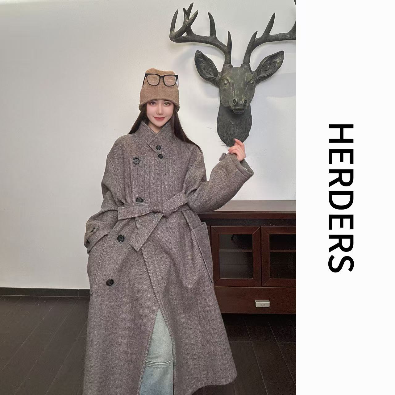 HERDERS 长款纽扣立领腰带款双面呢大衣  50496