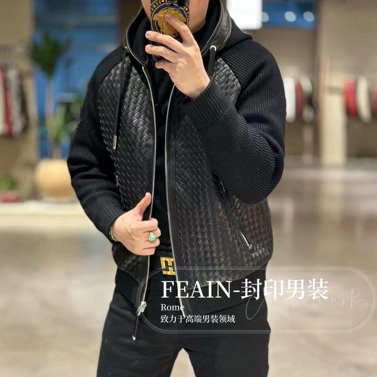 【羊皮编织鹅绒】高端定制羊皮手工编织连帽鹅绒服8055