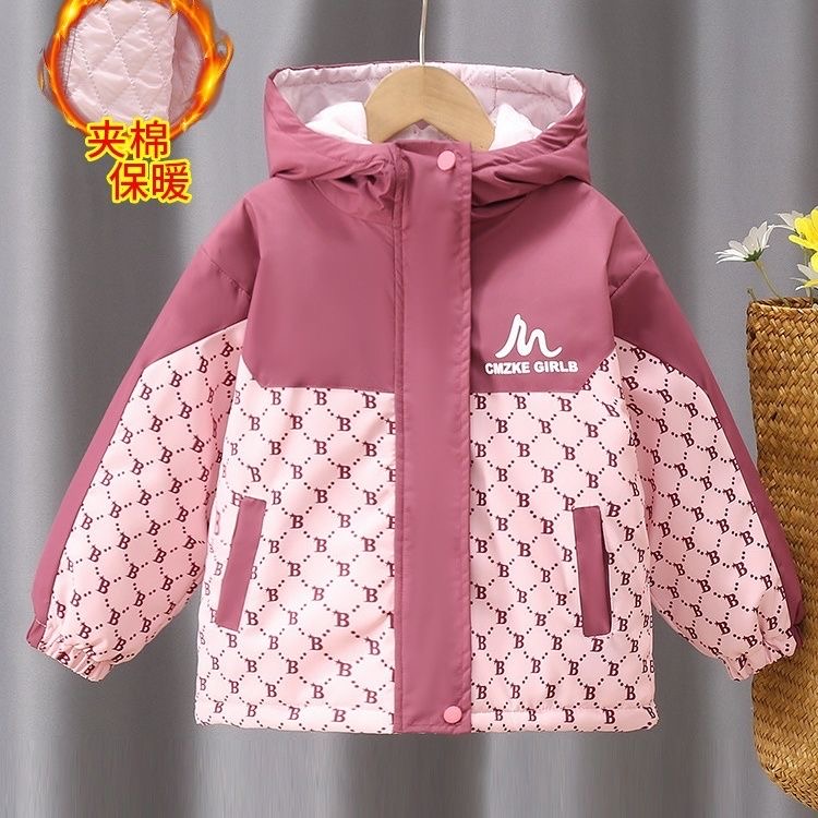 女童夹棉外套秋冬款儿童冲锋衣2025新款洋气连帽字母二棉上衣防寒