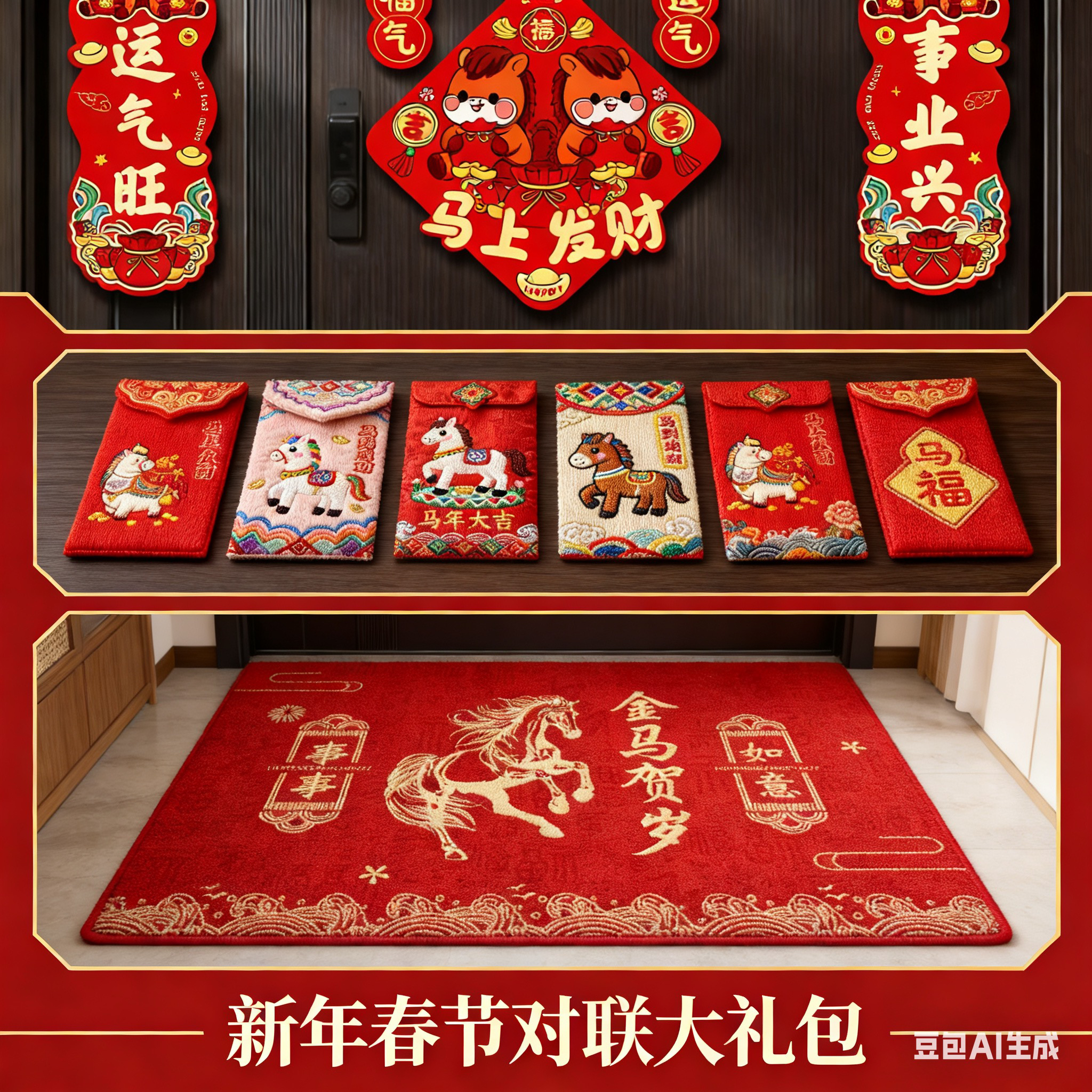 新年马年喜庆春节大礼包.春联地毯.马年红包