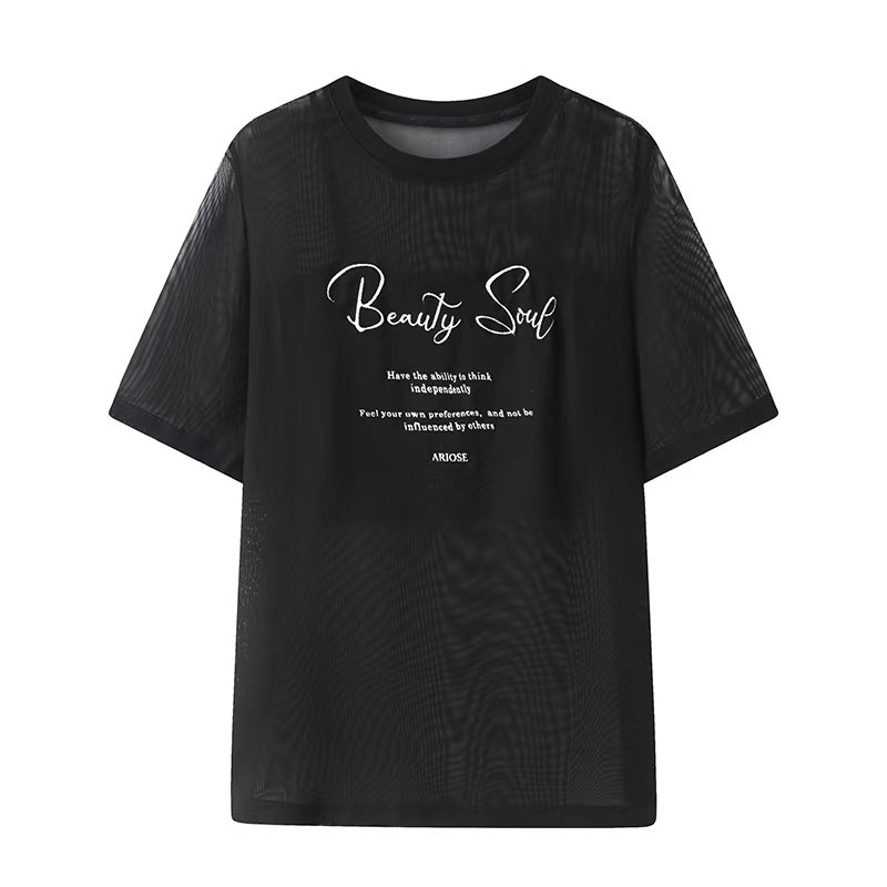艾家商场同款女装2025年夏新款时尚简约圆领纯色网纱T恤6008