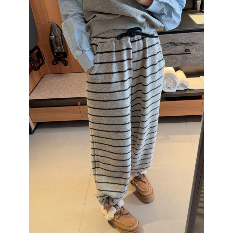 【张静芝】韩国新品~灰蓝撞色条纹洋气慵懒风抽绳裤腿休闲裤