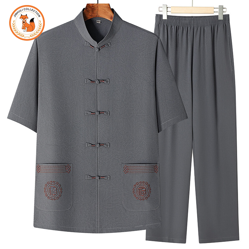 金狐狸2025夏季新款鸡爪花套装新中式男装唐装短袖中老年送爸爸