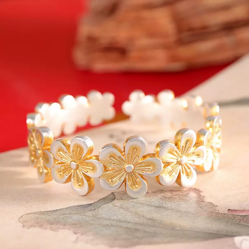 足银手镯08珐琅彩描金桃花手镯开口款