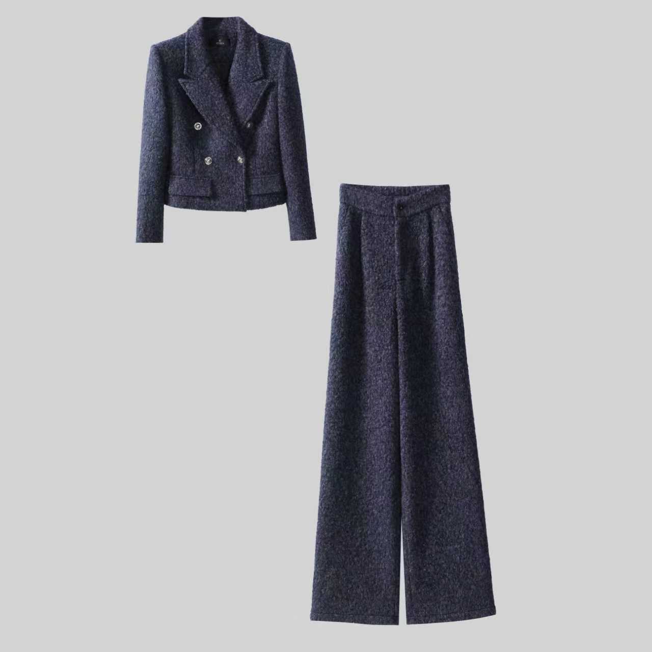 6692秋冬新款斜纹重工时尚显瘦西装套装设计感西服阔腿裤套装