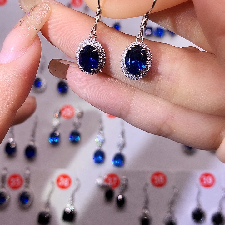 蓝宝石耳饰银S925镶嵌