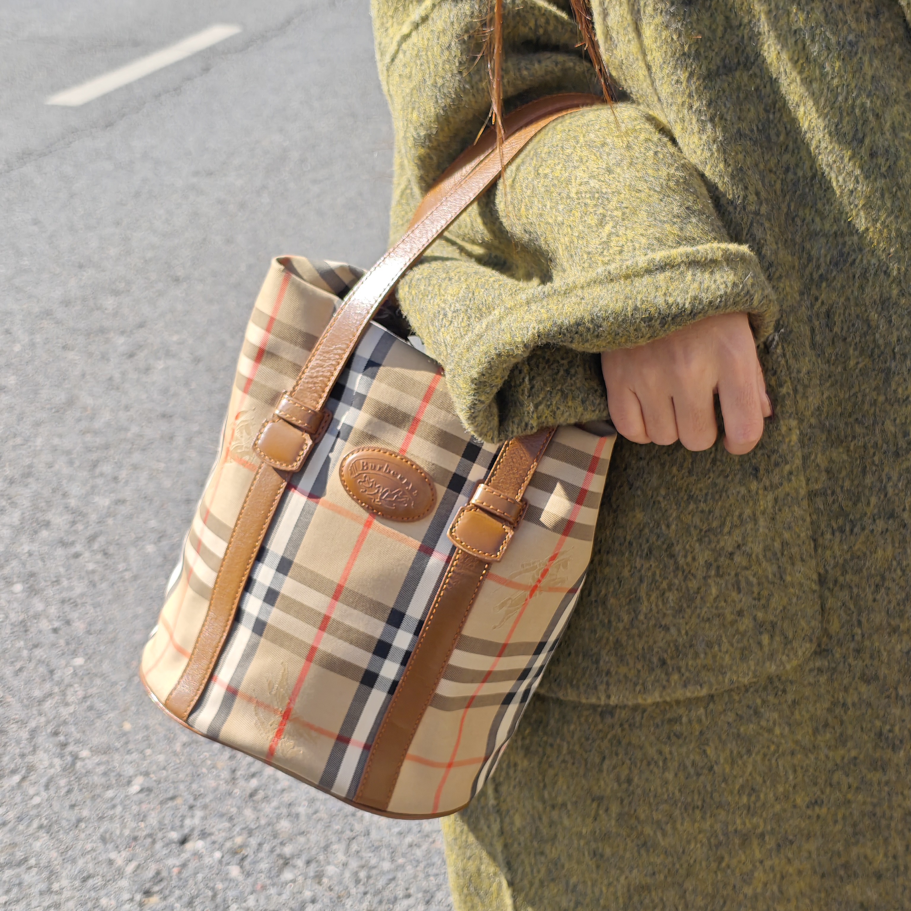 95新 BURBERRY/博柏利 巴宝莉帆布格纹手提包