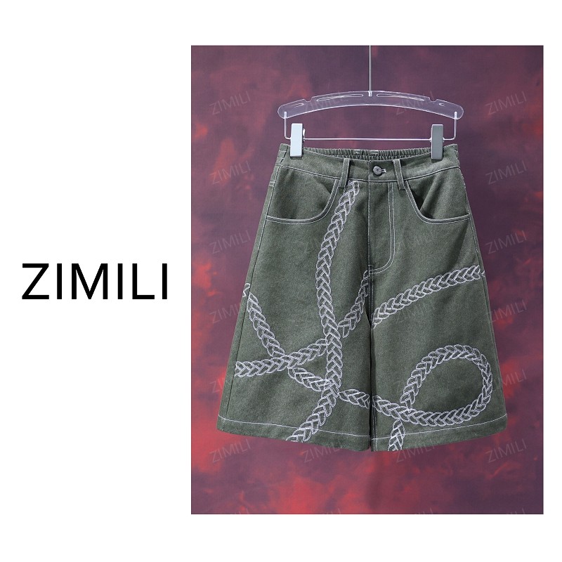 【亮哥女装】2025夏季轻薄透气苍绿绣线休闲A字牛仔短裤9779