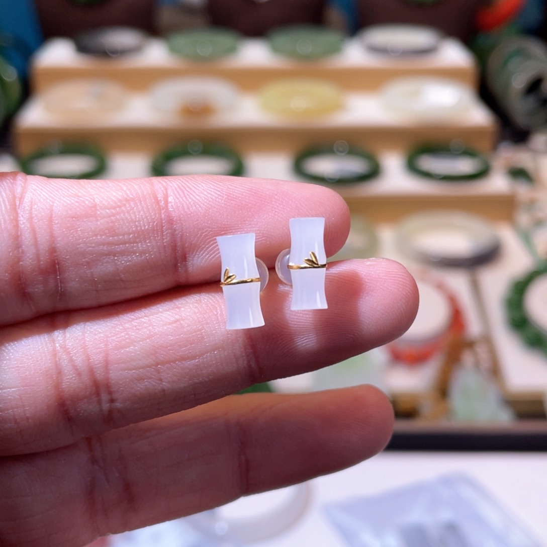 和田玉高品白玉竹节耳饰18K金镶嵌