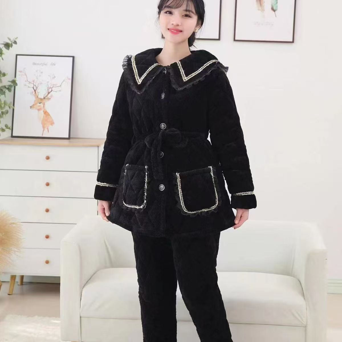 【黑色金边】保暖睡衣气质家居服套装小香风套装女装加厚厚款冬季