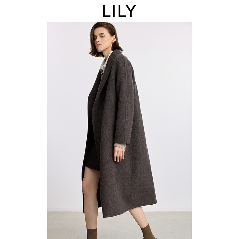 LILY2025冬新款羊毛羊绒混纺老钱腰带双面呢毛呢外套125409FN960