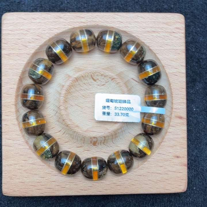 琥珀未镶嵌珠宝奇石12mm油根黄铜双线天枣珠