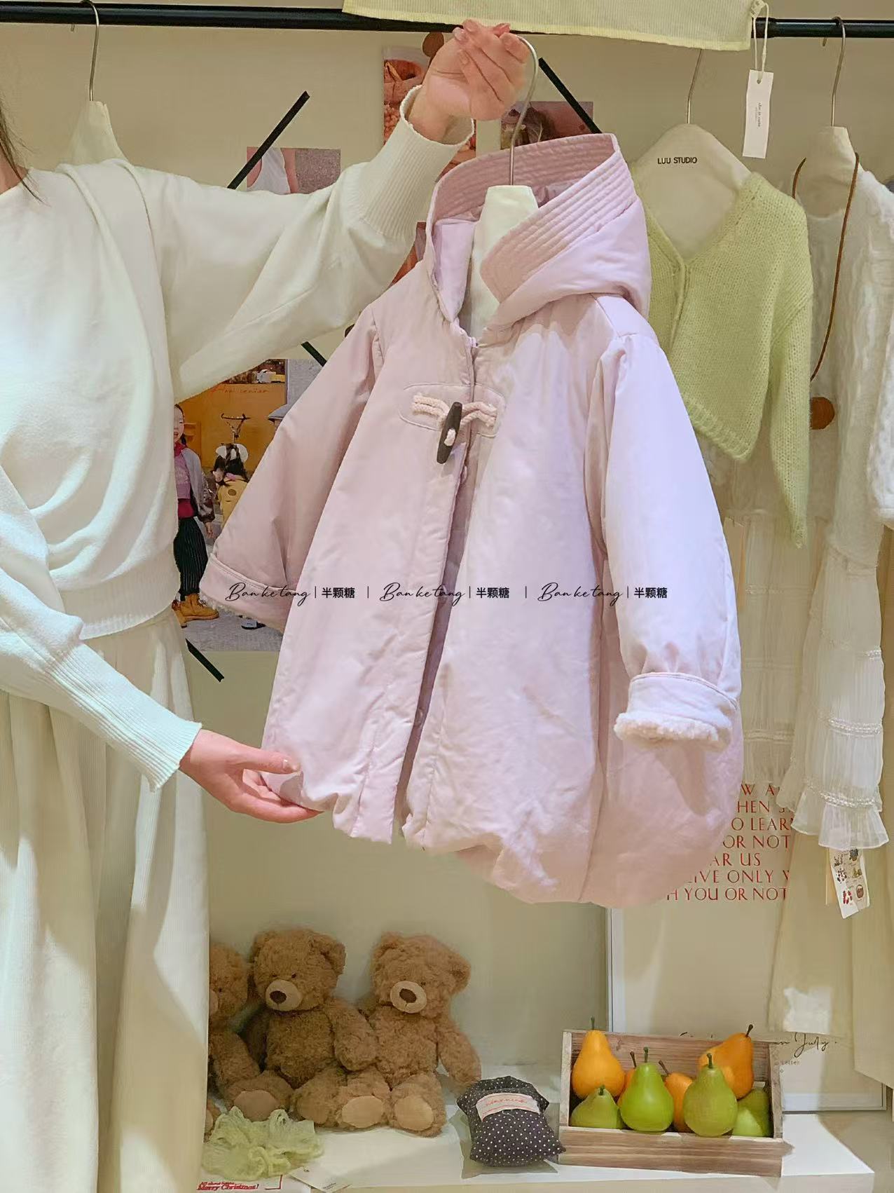 女童粉色牛角扣棉服2025冬季加厚保暖连帽棉袄外套韩版洋气棉衣