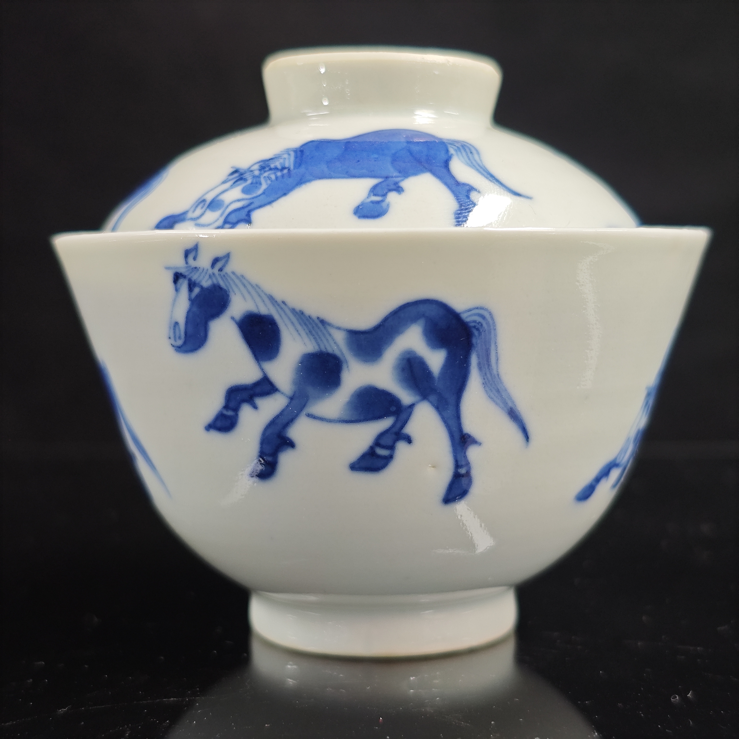 清中 青花八骏图纹二才盖碗MA-0035