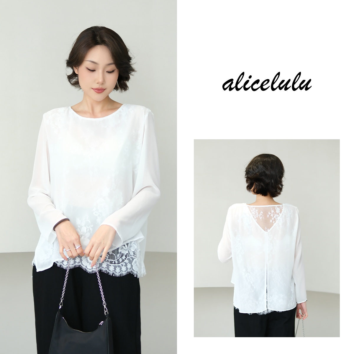 5 alicelulu 宽松拼接蕾丝圆领长袖薄款上衣清爽优雅S2142583T