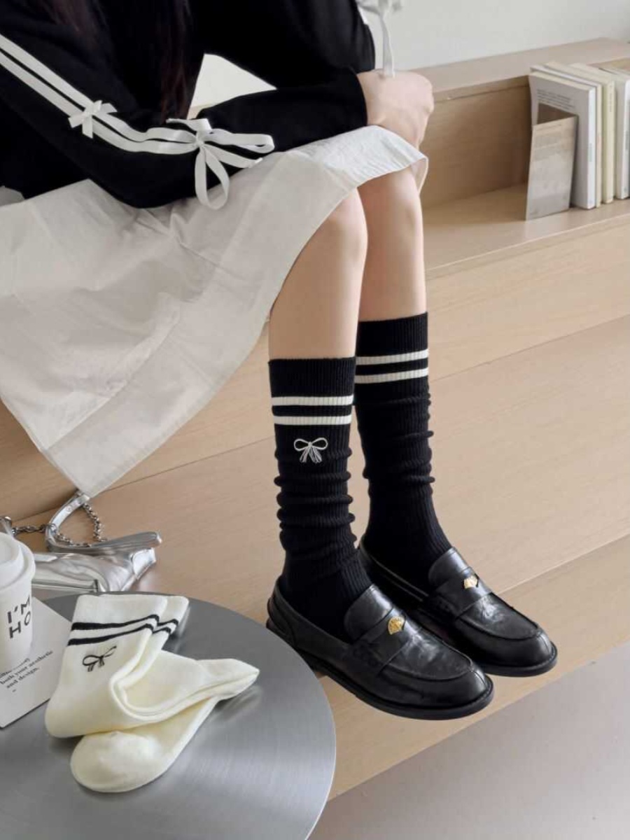 小腿袜jk袜子女白色条纹中筒春秋学生学院风高筒长袜潮秋冬中筒袜