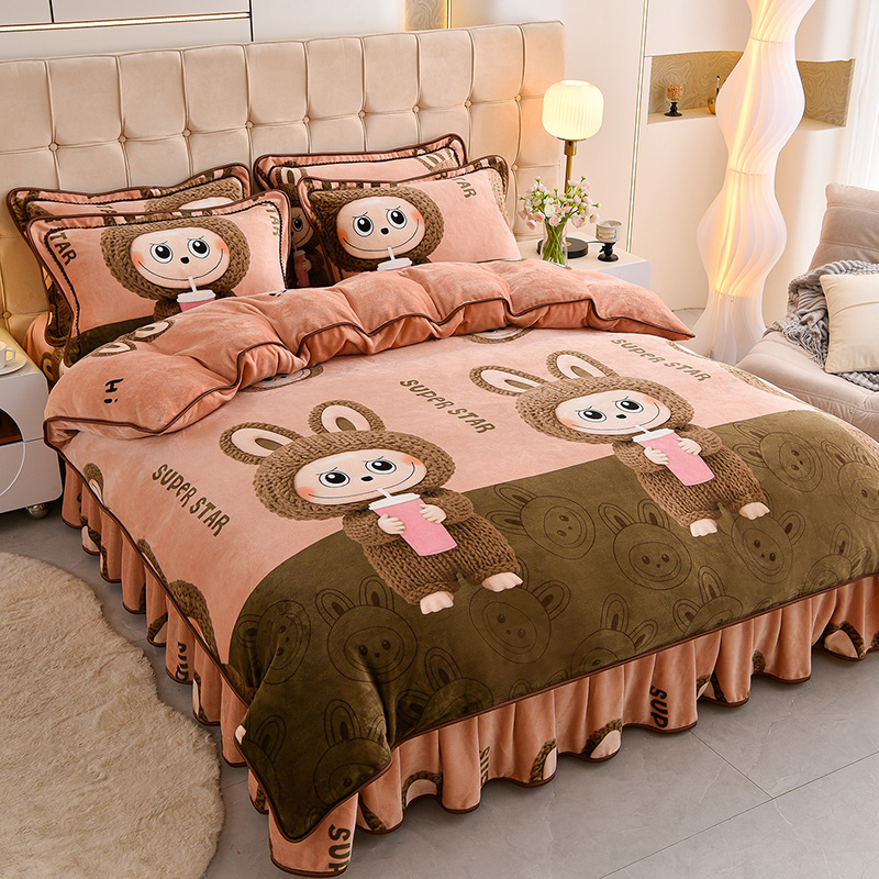 冬季牛奶绒床上四件套2025新款拉布布冬天双面加厚被套床单床裙