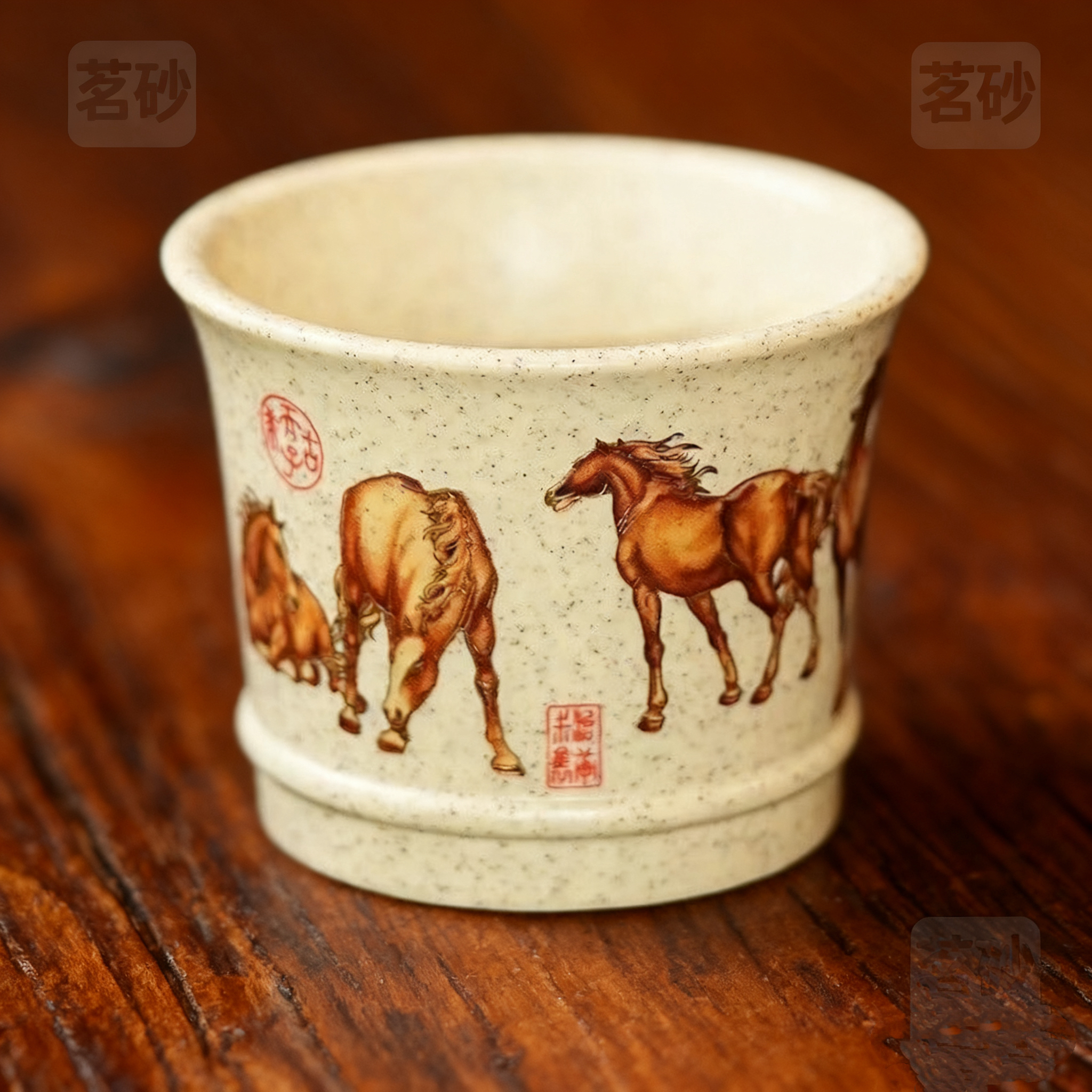 宜兴原矿紫砂高档段泥手工珐琅彩八骏图主人杯朱永良制180cc