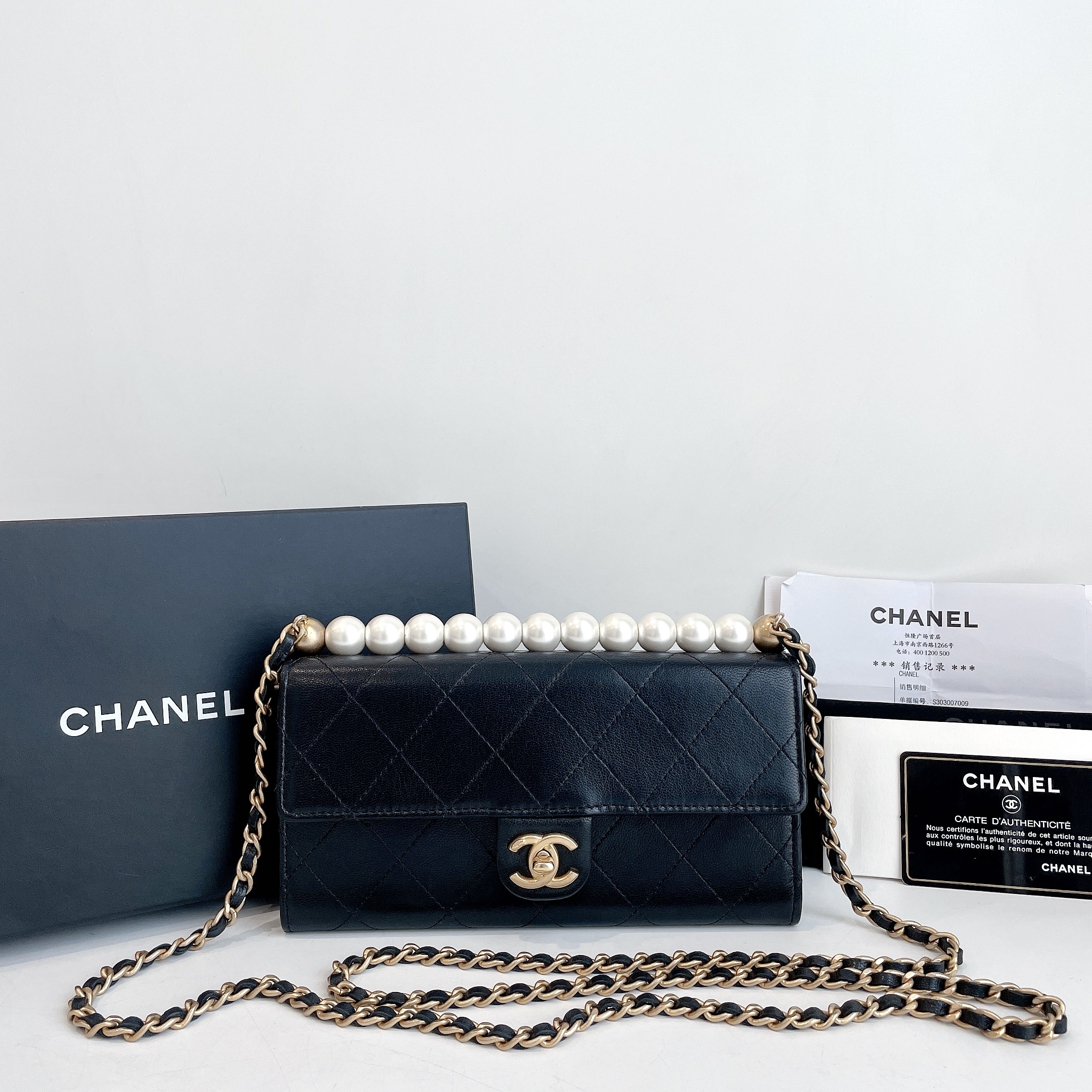 99新 Chanel/香奈儿 黑金横版珍珠Woc链条单肩包 19.5底长