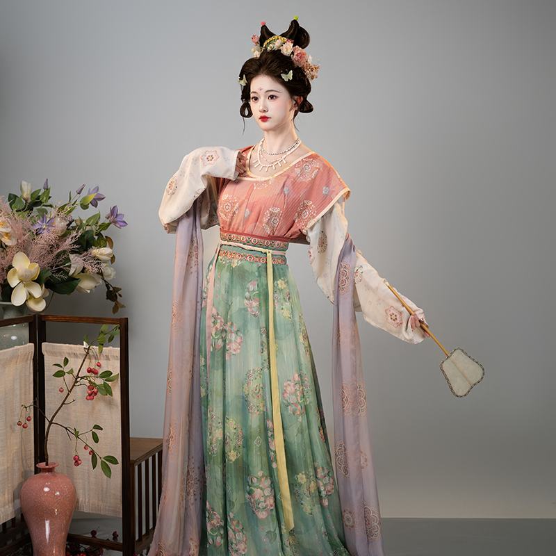 山迟【乔灵】汉服敦煌唐制复原风显瘦齐腰衫襦裙披帛破裙夏透气套