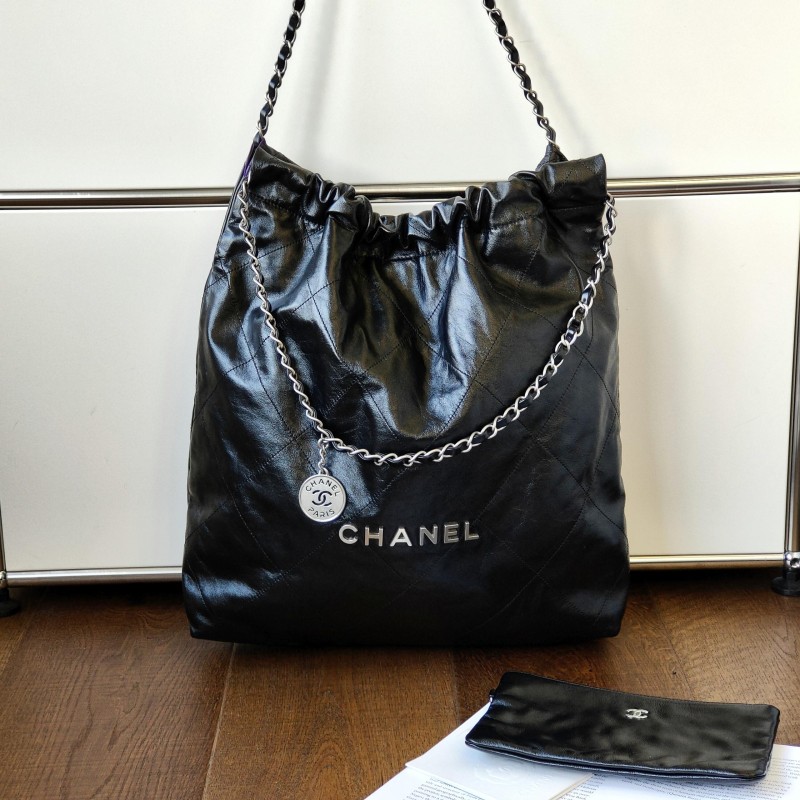 95新 Chanel/香奈儿 25P黑银牛皮22bag大号菱格纹单肩包 52894