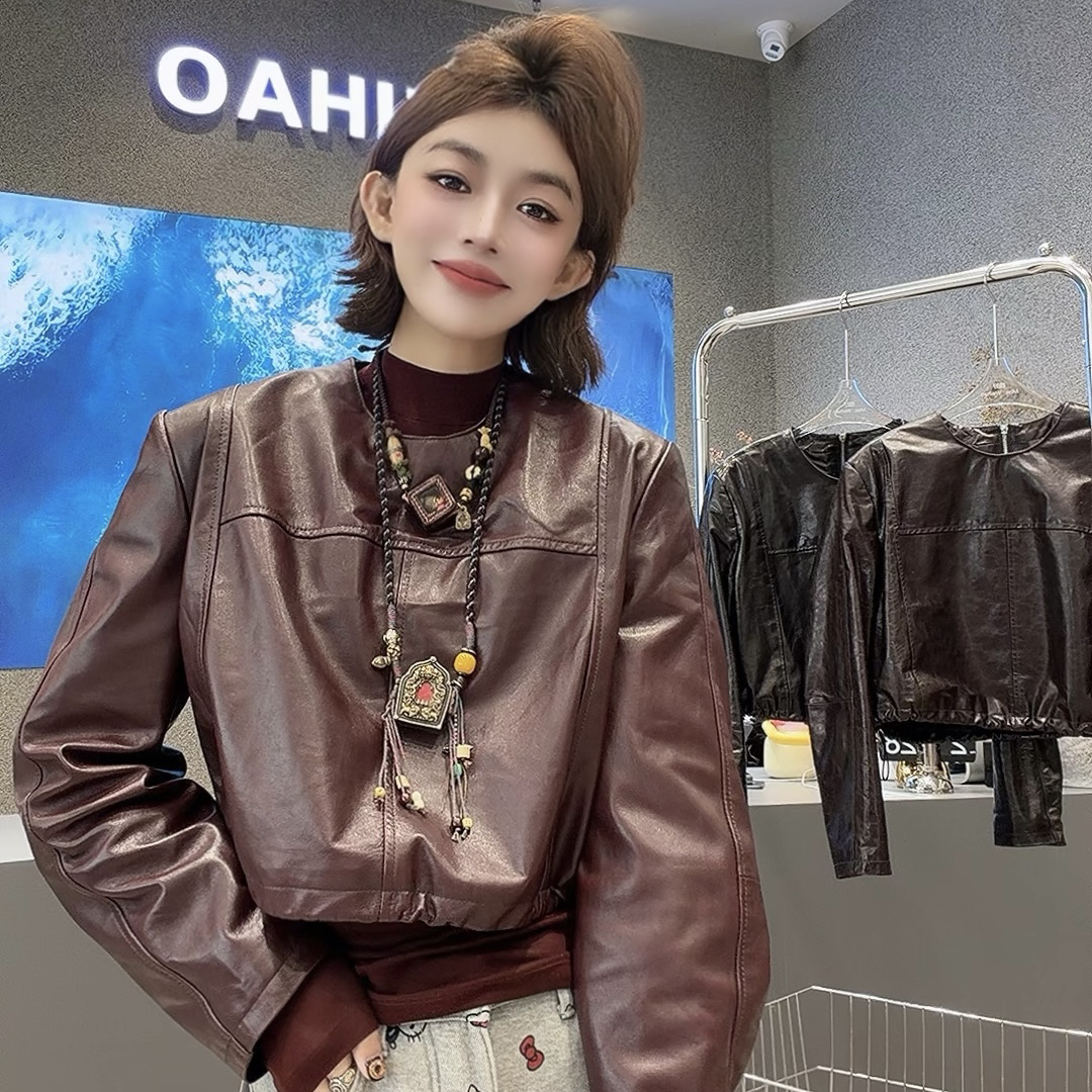 春秋季新款韩版潮流短款修身圆领真皮小牛皮女皮衣外套长袖