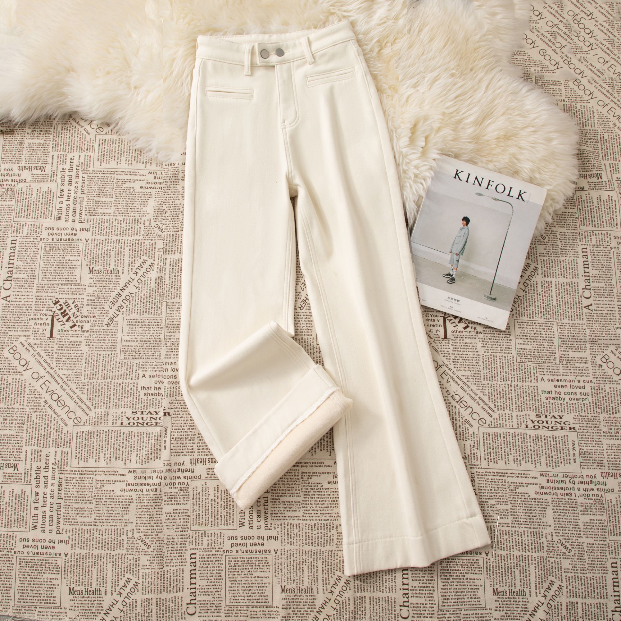 加绒/单裤秋季新款米白色高腰阔微喇牛仔裤女弹力宽松显瘦裤9788